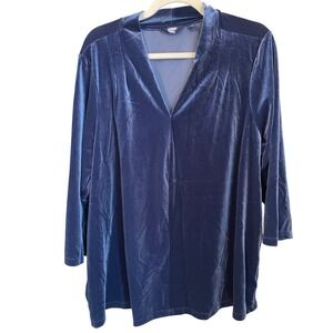 Lands' End Blue Stretch Velvet V Neck 3/4 Sleeve Tunic Top Plus Size 2X 20W-22W